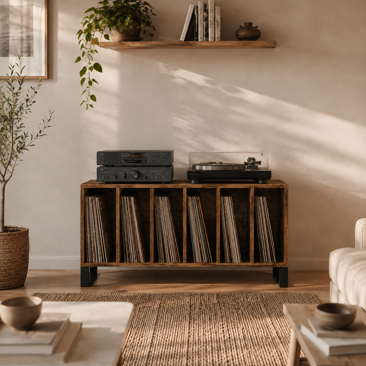 Meuble pour disques vinyles et platine couleur bois ancien Image