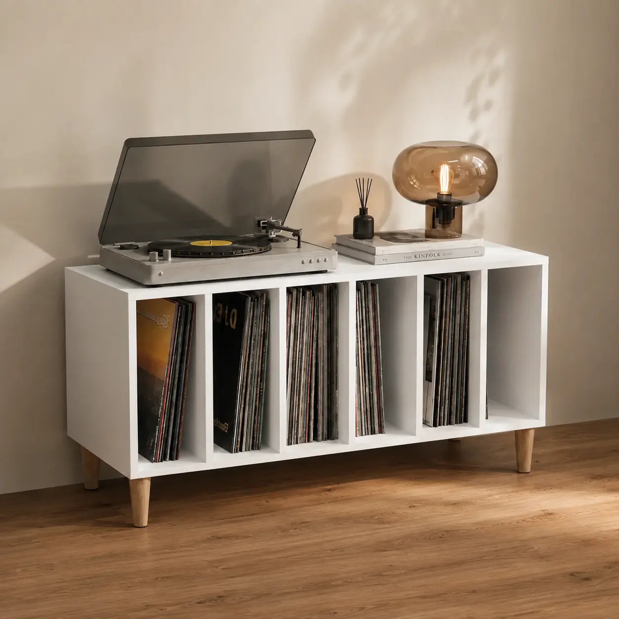 Meuble Vinyle pour Platine Blanc 100 cm 6 Compartiments | Cevro