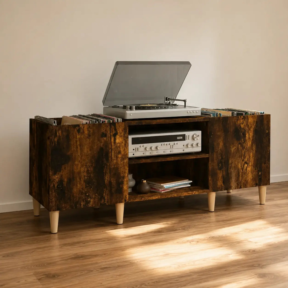 Meuble Vinyle pour Platine Chêne Fumé 121 cm Pieds Bois | Fumio