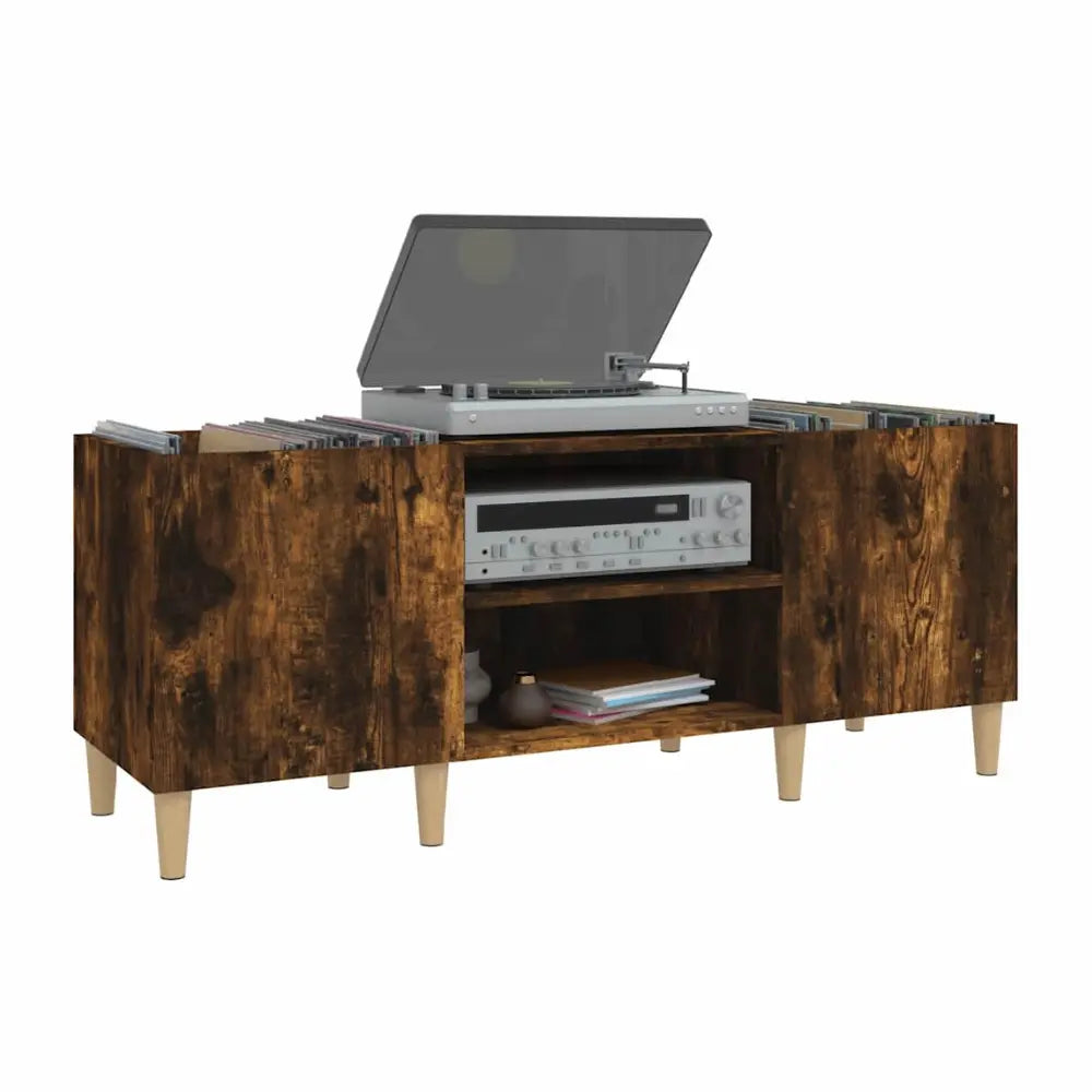 meuble vinyle en chêne fumé avec dimensions 121 x 38 x 48 cm sur fond blanc