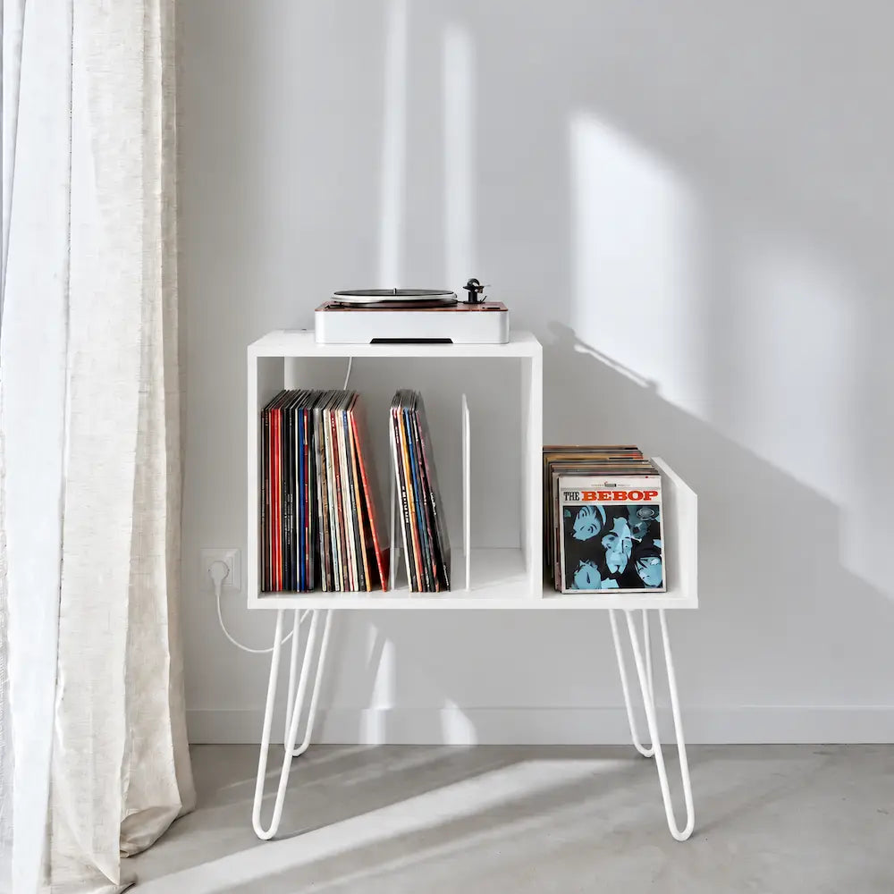 Meuble Vinyle pour Platine blanc avec Station de Charge 66 cm