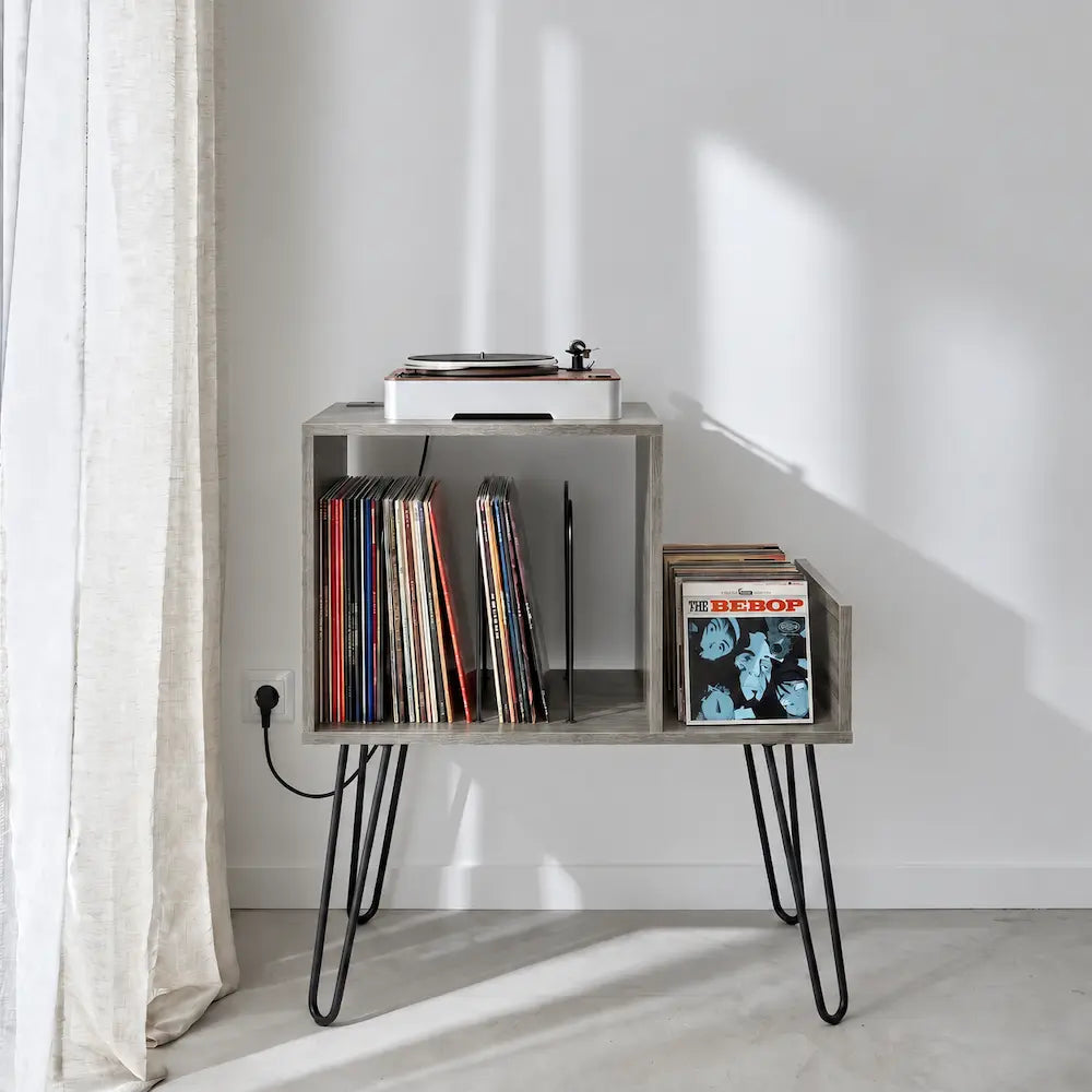 Meuble Vinyle pour Platine Gris Rustique avec Station de Charge 66 cm