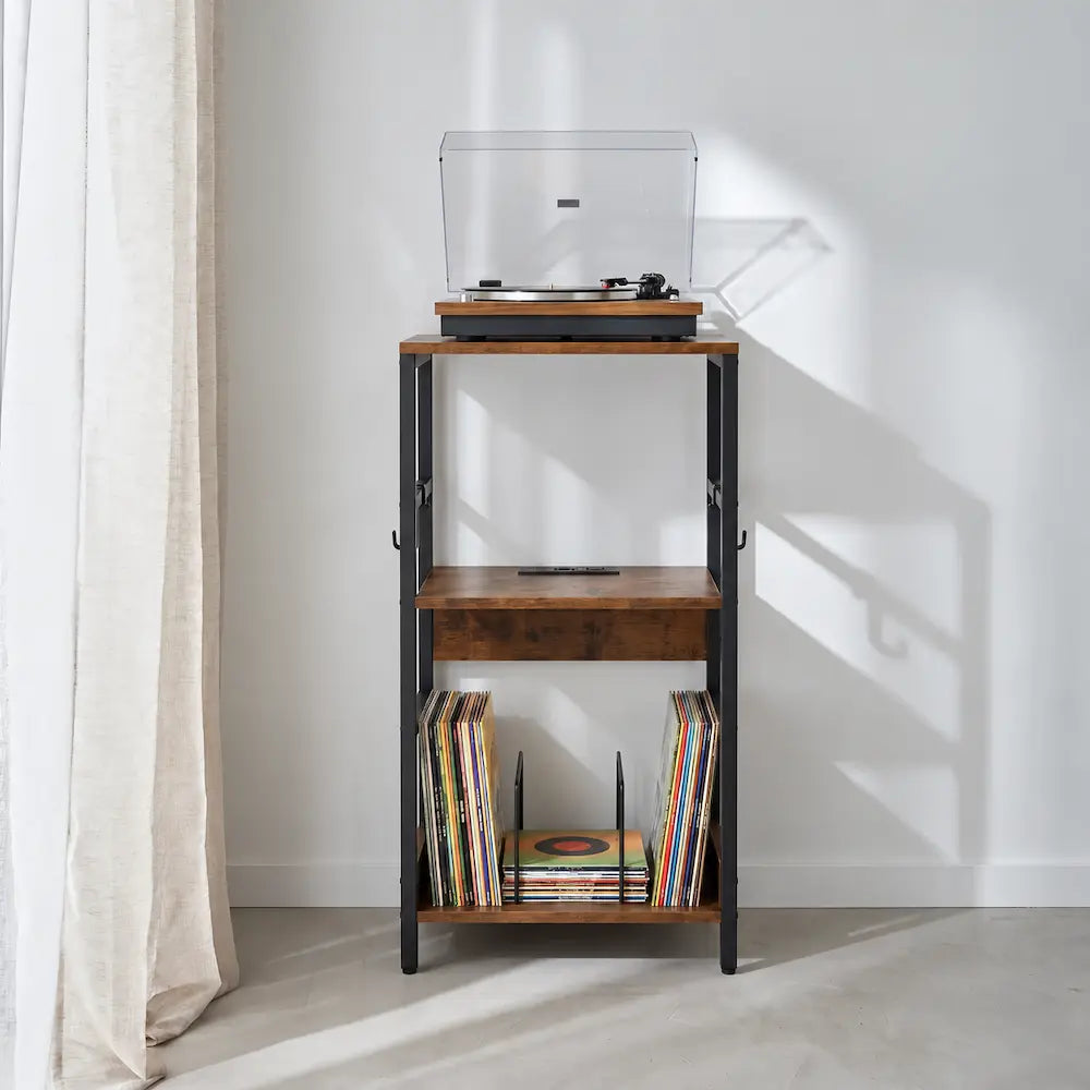 Meuble platine vinyle en bois couleur marron foncé rustique