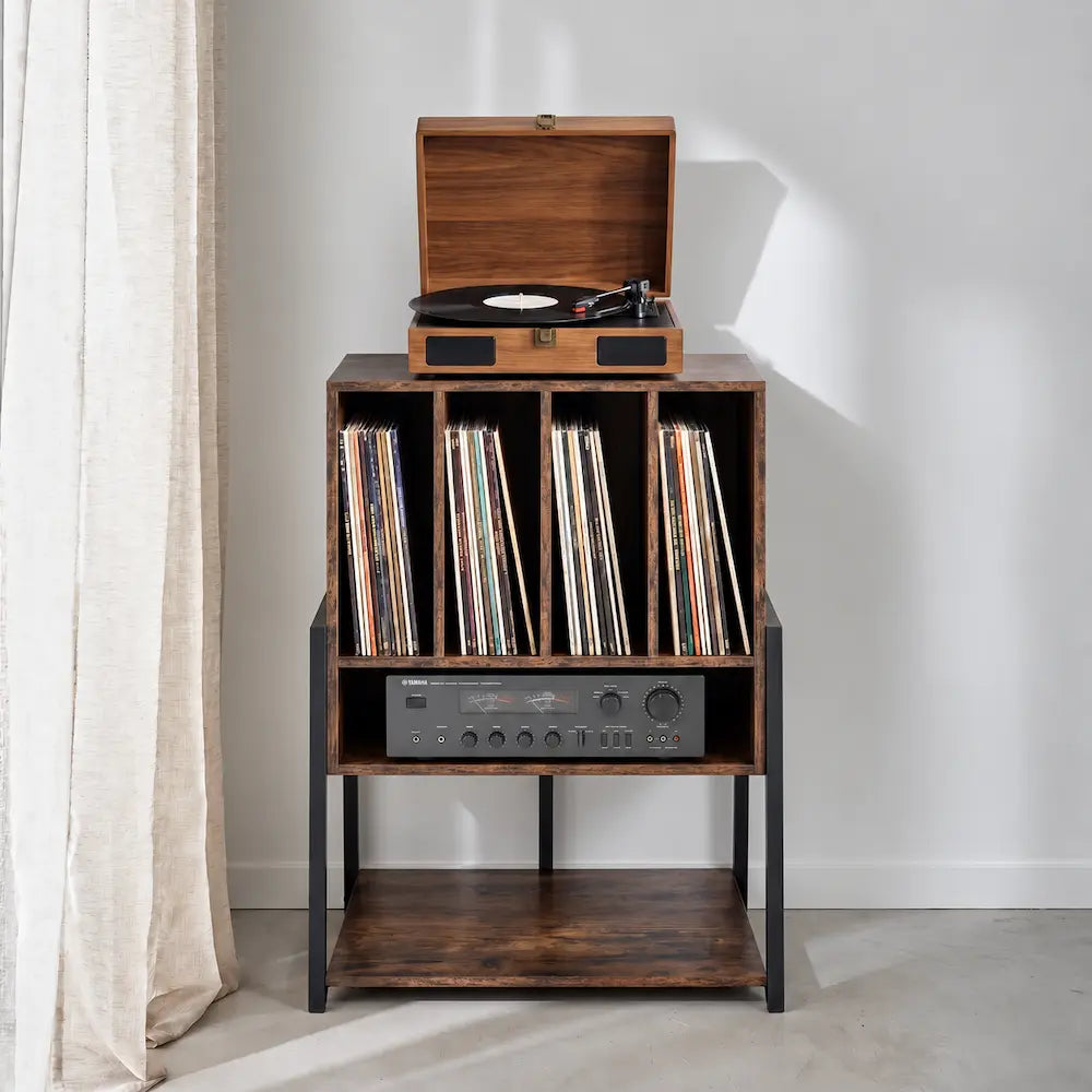 Meuble Vinyle pour Platine couleur marron rustique avec roulettes