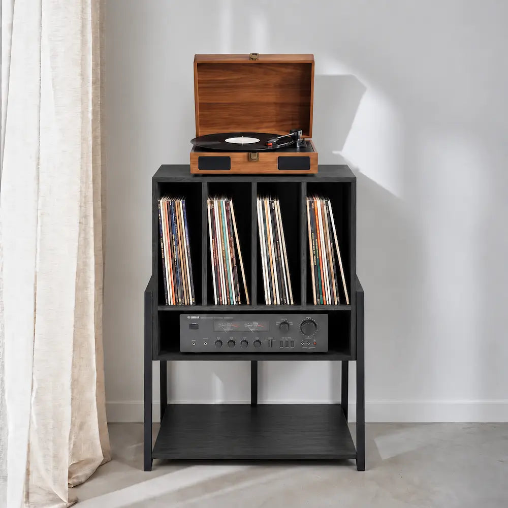 Meuble Vinyle pour Platine couleur noir avec roulettes