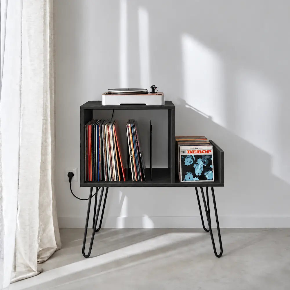 Meuble Vinyle pour Platine couleur noir avec Station de Charge 66 cm