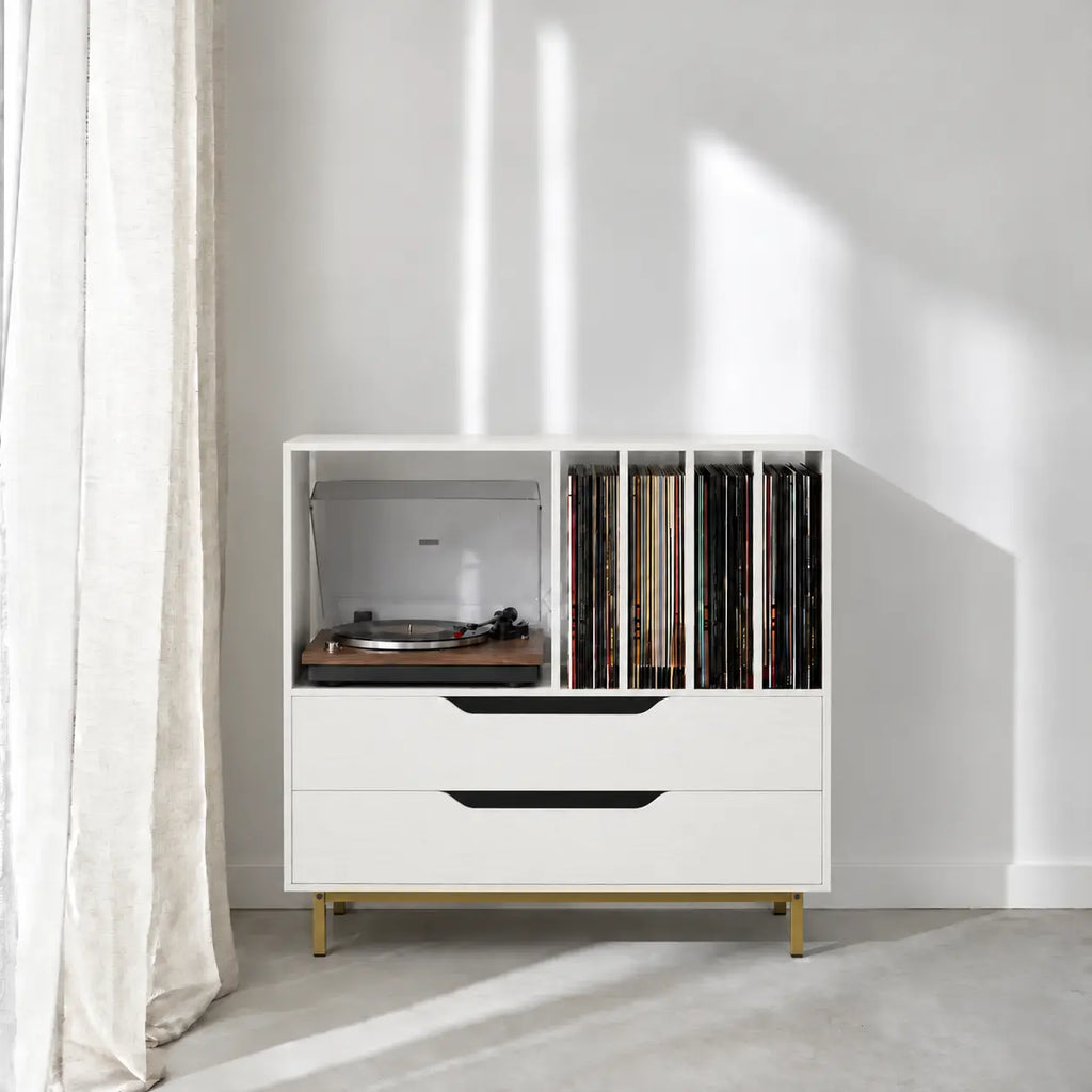 Meuble vinyle pour platine en bois ancien couleur blanche