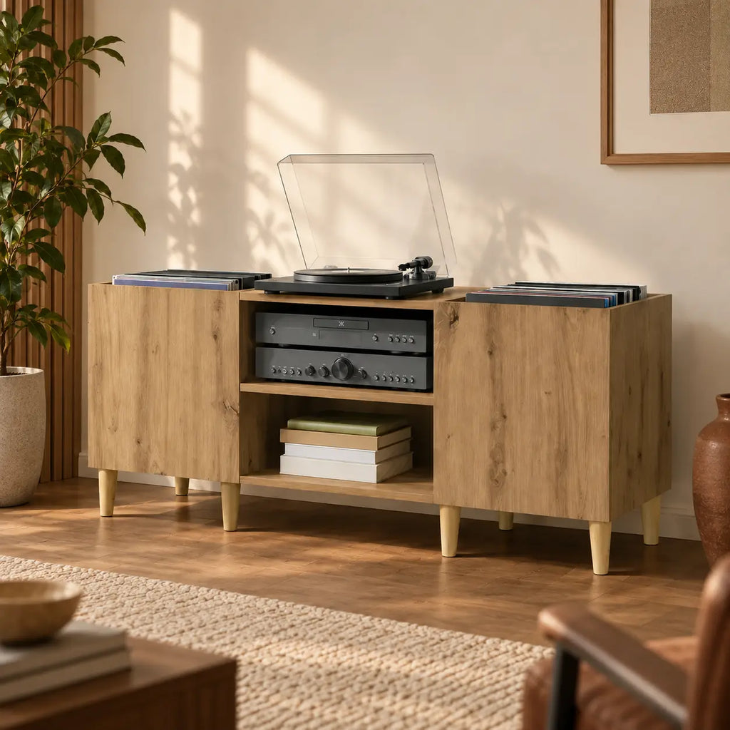 meuble platine vinyle en bois couleur clair