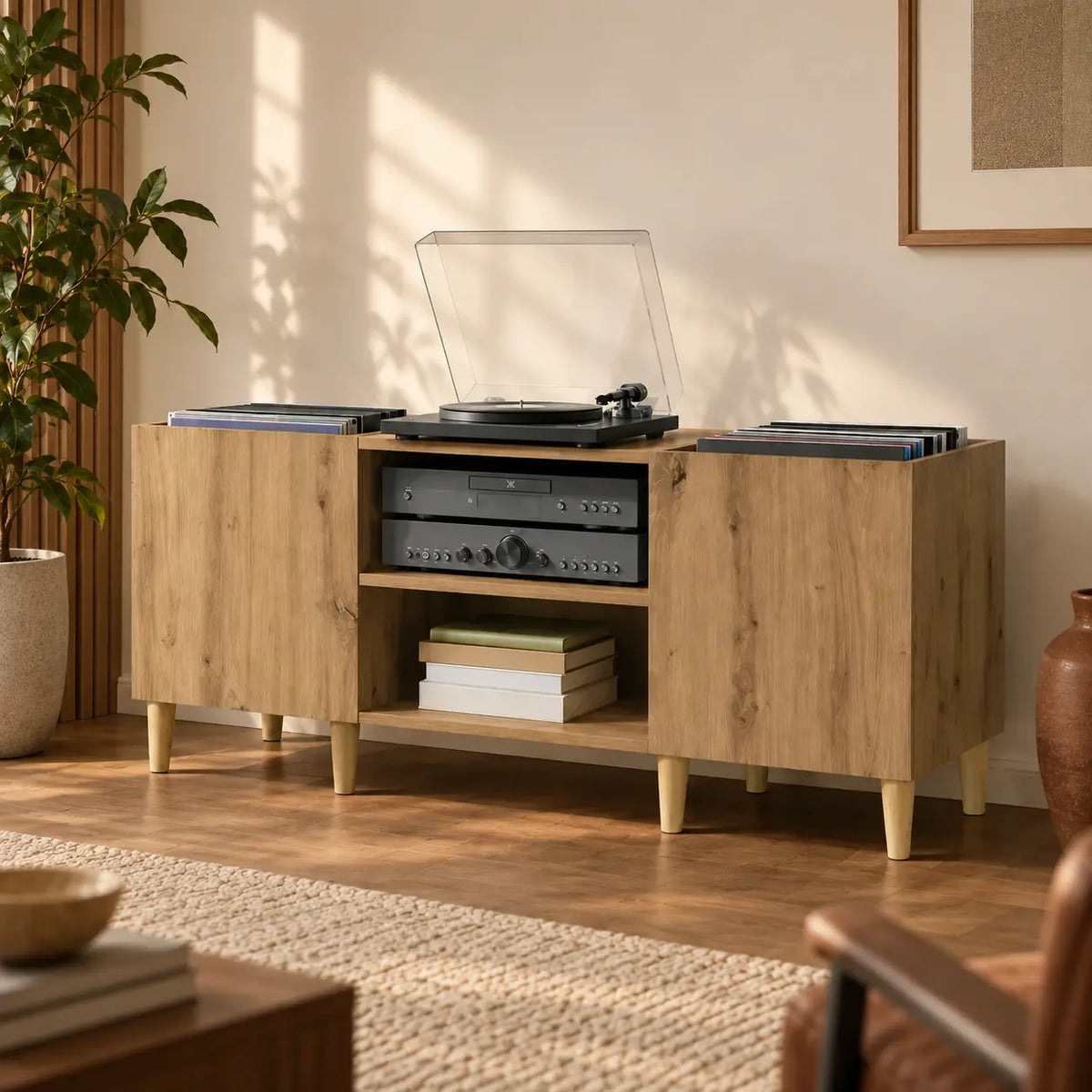 meuble platine vinyle en bois couleur clair