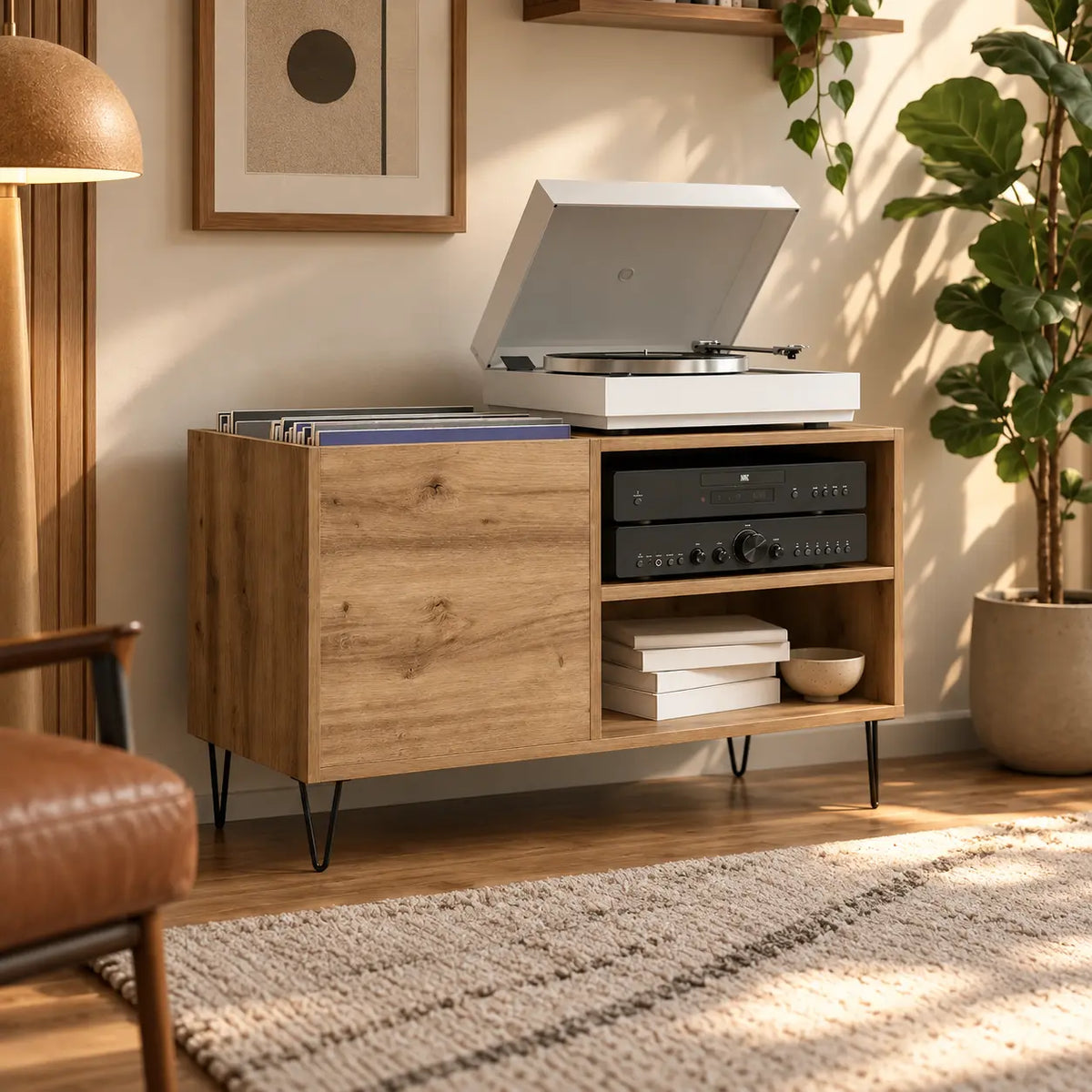 Meuble platine vinyle en bois couleur clair