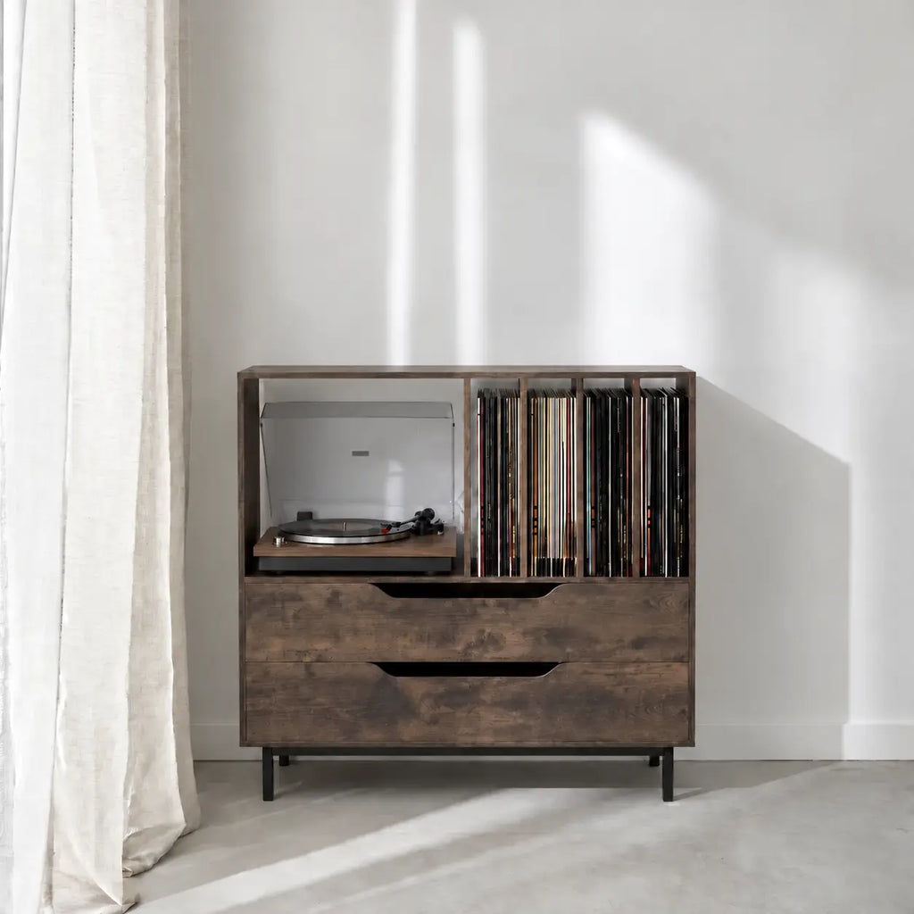 Meuble vinyle pour platine en bois ancien couleur café