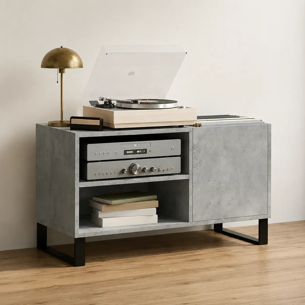 Meuble Vinyle pour Platine Gris Béton 85 cm | Cendra