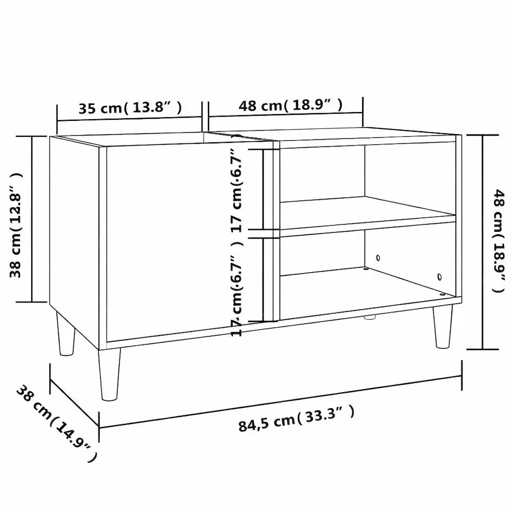 dimensions de meuble vinyle en bois blanc brillant aux dimensions 84,5 x 38 x 48 cm sur fond blanc