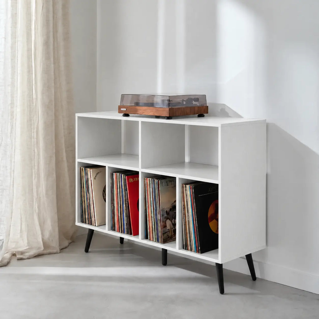 Meuble de rangement pour platine et disques vinyles en bois couleur blanc