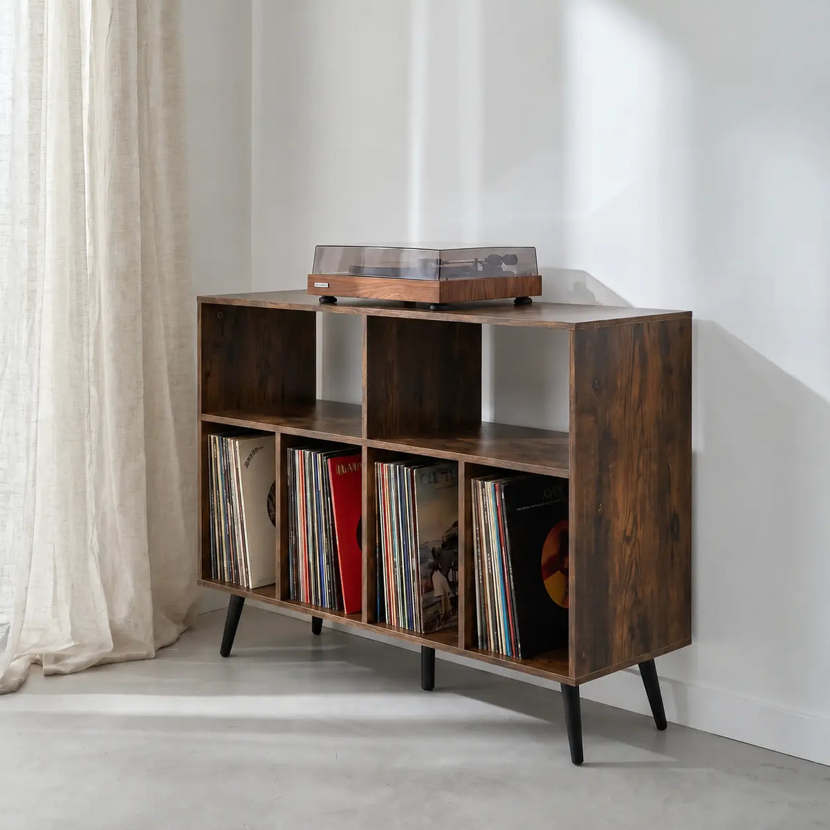 Meuble de rangement pour platine et disques vinyles en bois couleur brun Image