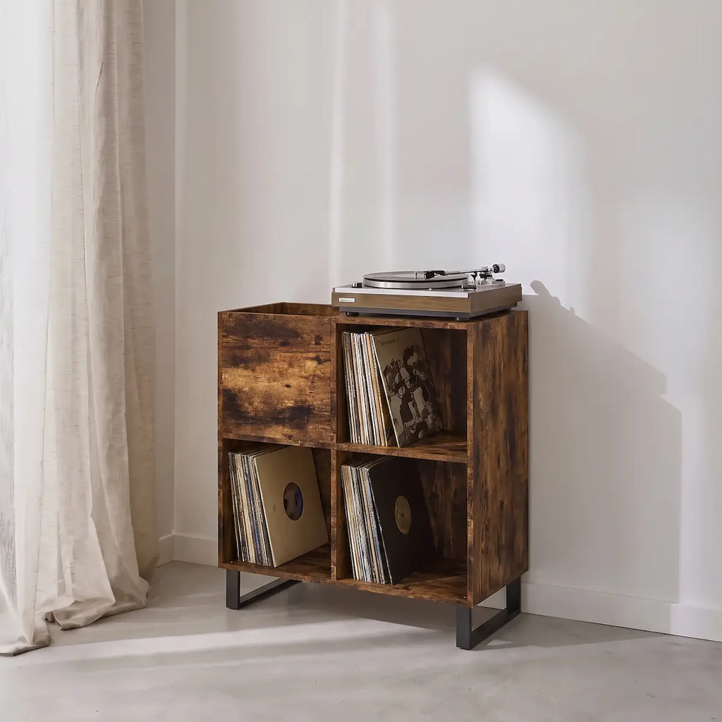 Meuble pour platine et disques vinyles en bois couleur chêne fumé salon rétro