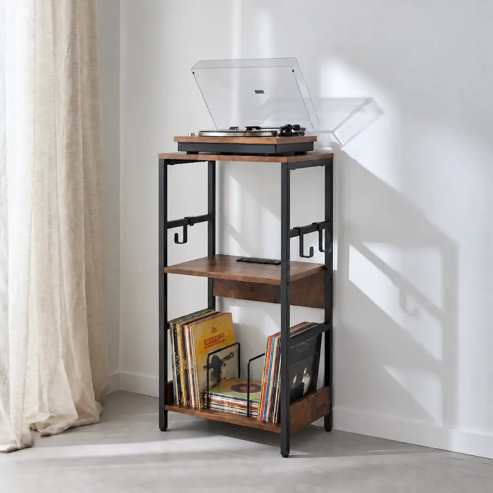 Meuble pour platine et disques vinyles en couleur bois foncé