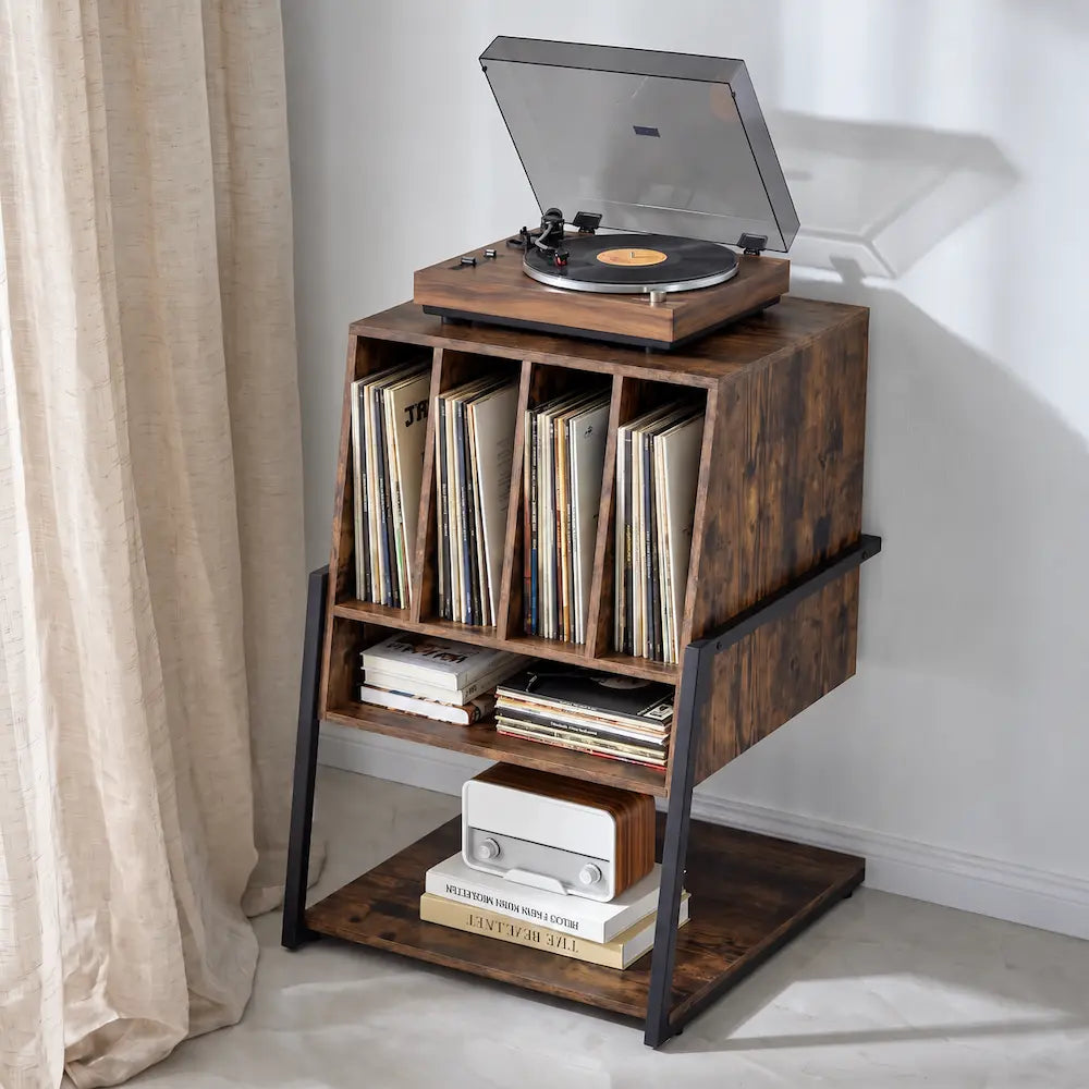 Meuble pour disques vinyles et platine en bois couleur marron avec roulettes