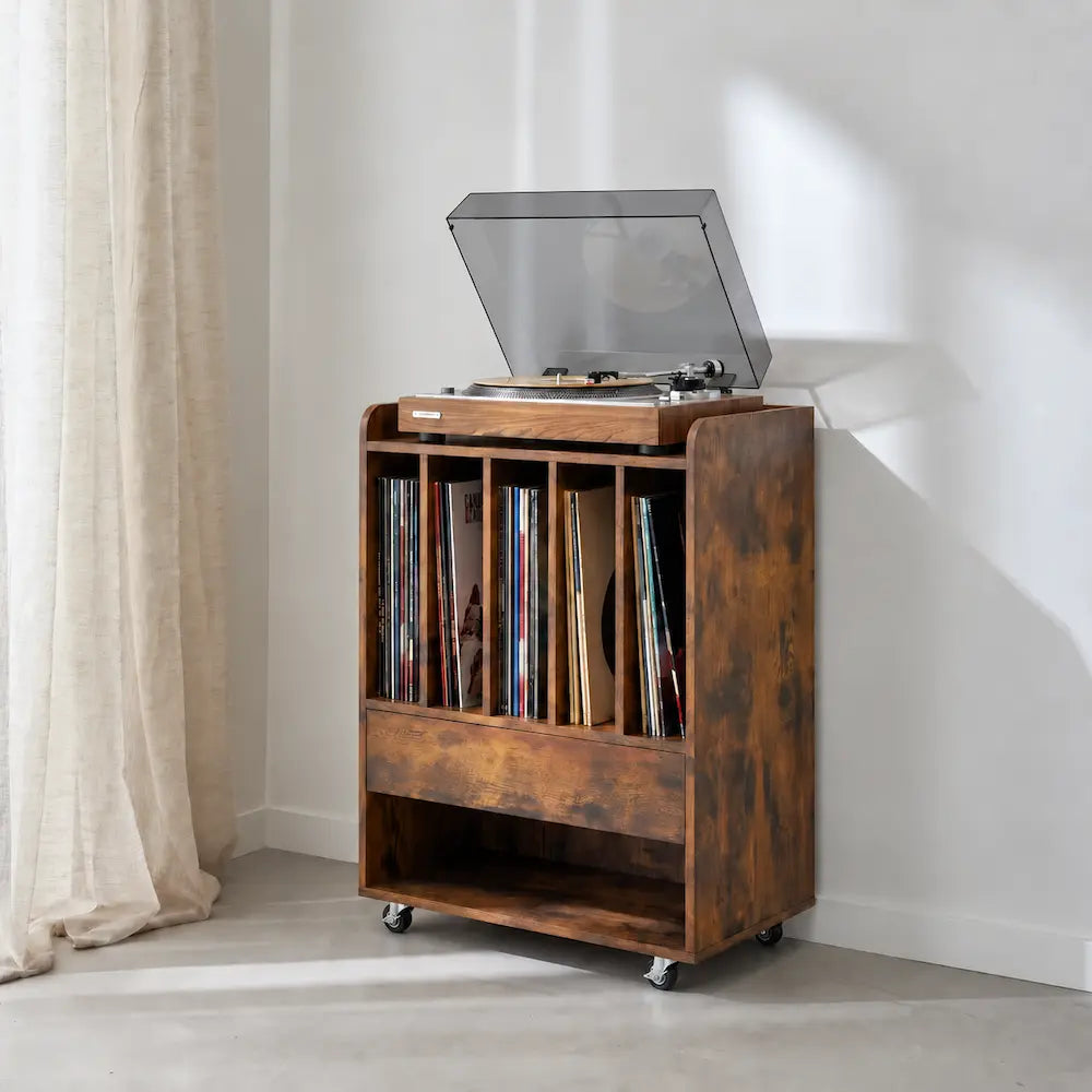 Meuble pour platine et disques vinyles en bois foncé