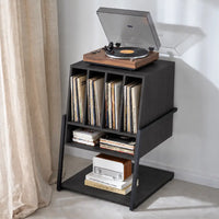 Meuble pour disques vinyles et platine en bois couleur noir avec roulettes