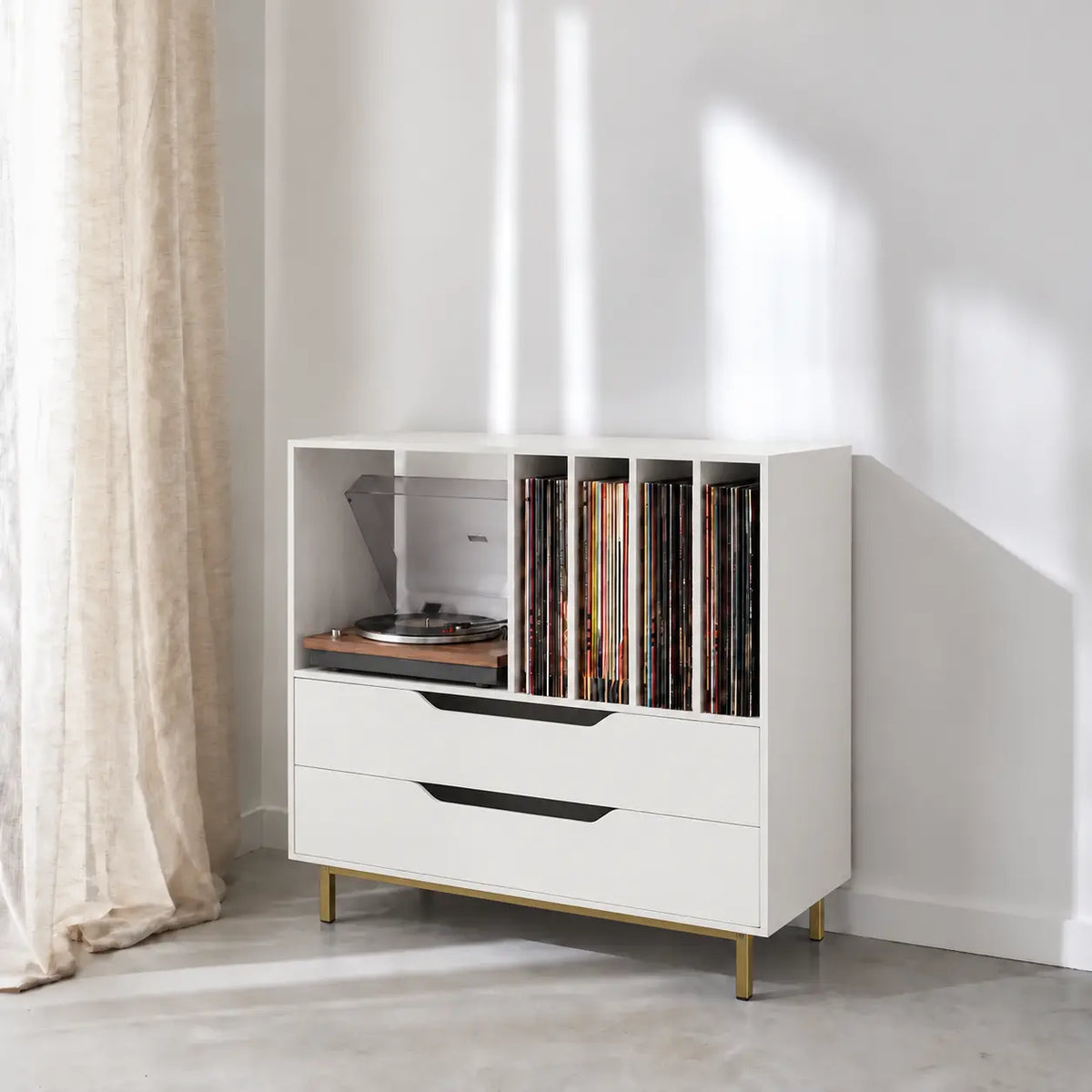 Meuble de rangement pour disques vinyles et platine en bois couleur blanc