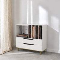 Meuble de rangement pour disques vinyles et platine en bois couleur blanc