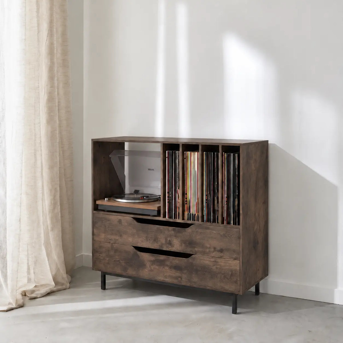 Meuble de rangement pour disques vinyles et platine en bois couleur foncé Image