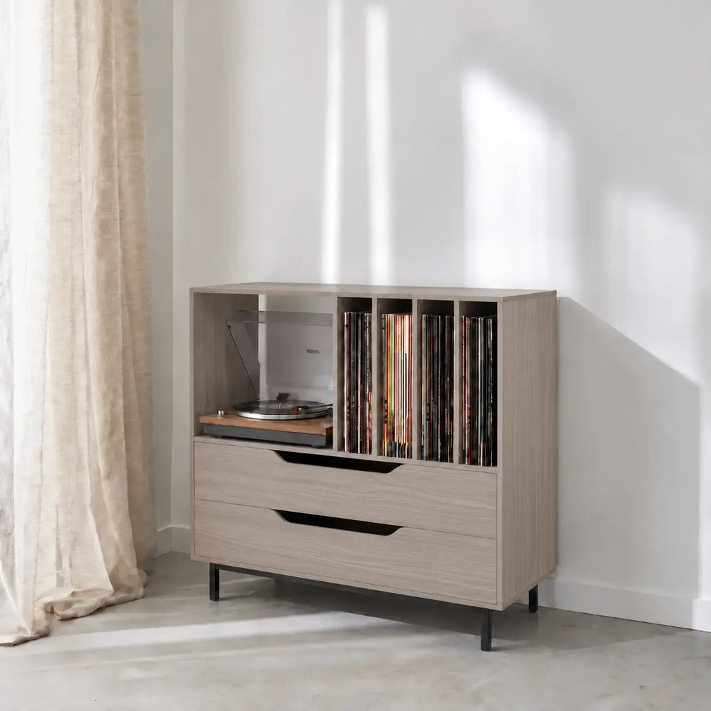 Meuble de rangement pour disques vinyles et platine en bois couleur gris