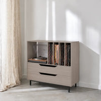 Meuble de rangement pour disques vinyles et platine en bois couleur gris