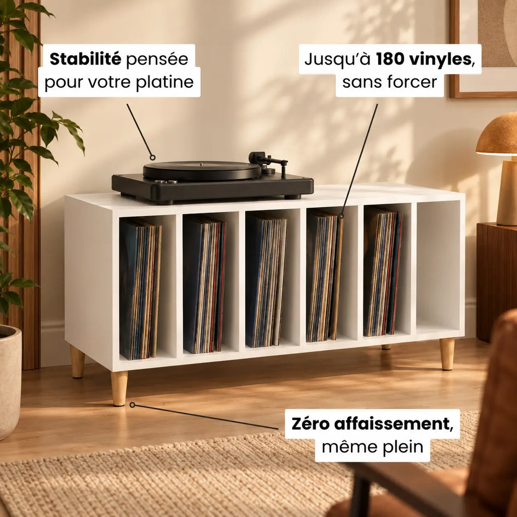 Meuble Vinyle pour Platine Blanc 100 cm 6 Compartiments | Cevro