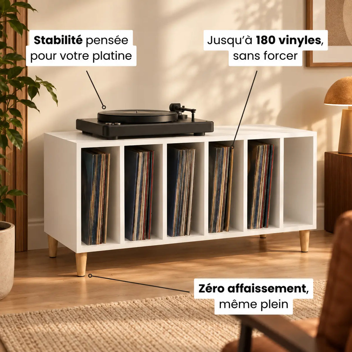 Meuble Vinyle pour Platine Blanc 100 cm 6 Compartiments | Cevro