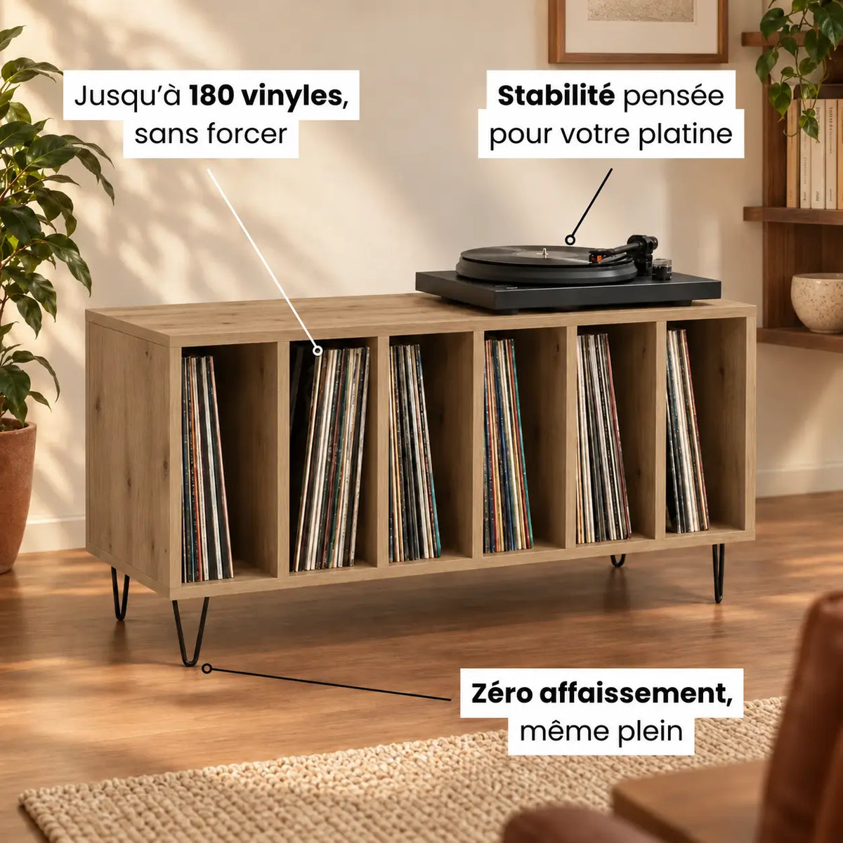 Meuble Vinyle pour Platine Chêne Artisanal 100 cm Pieds Métal | Metra