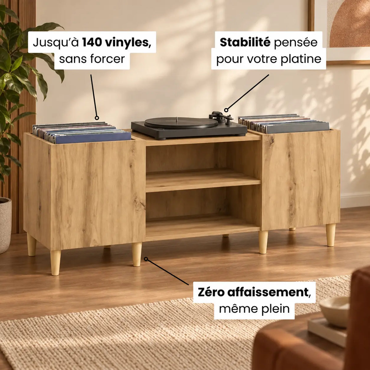 Meuble Vinyle pour Platine Chêne Artisanal 121 cm | Vaska