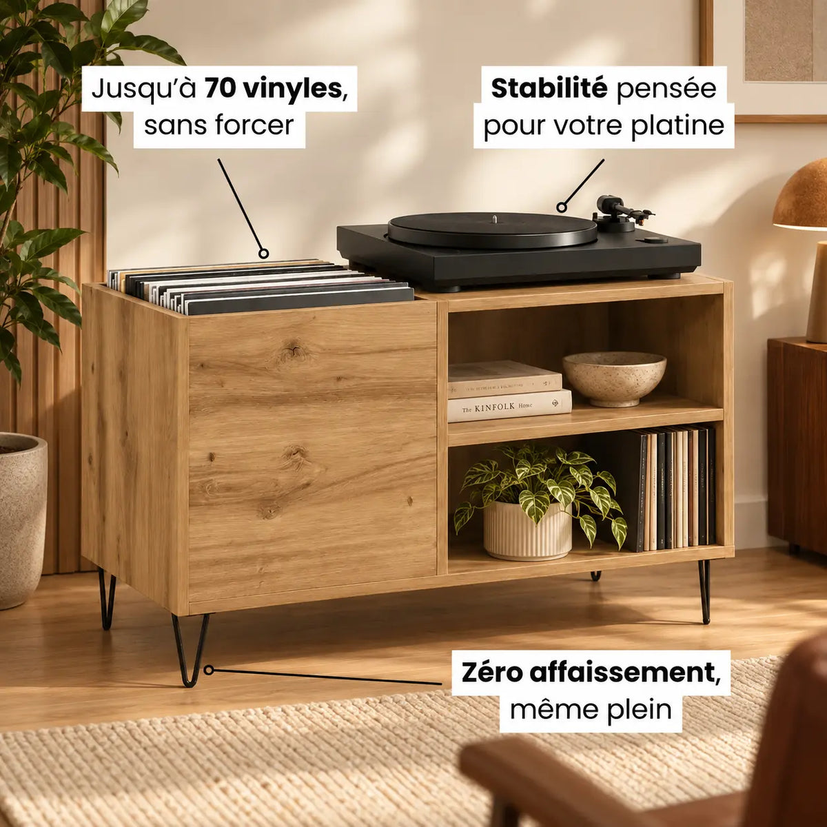 Meuble Vinyle pour Platine Chêne Artisanal 84,5 cm | Trevi