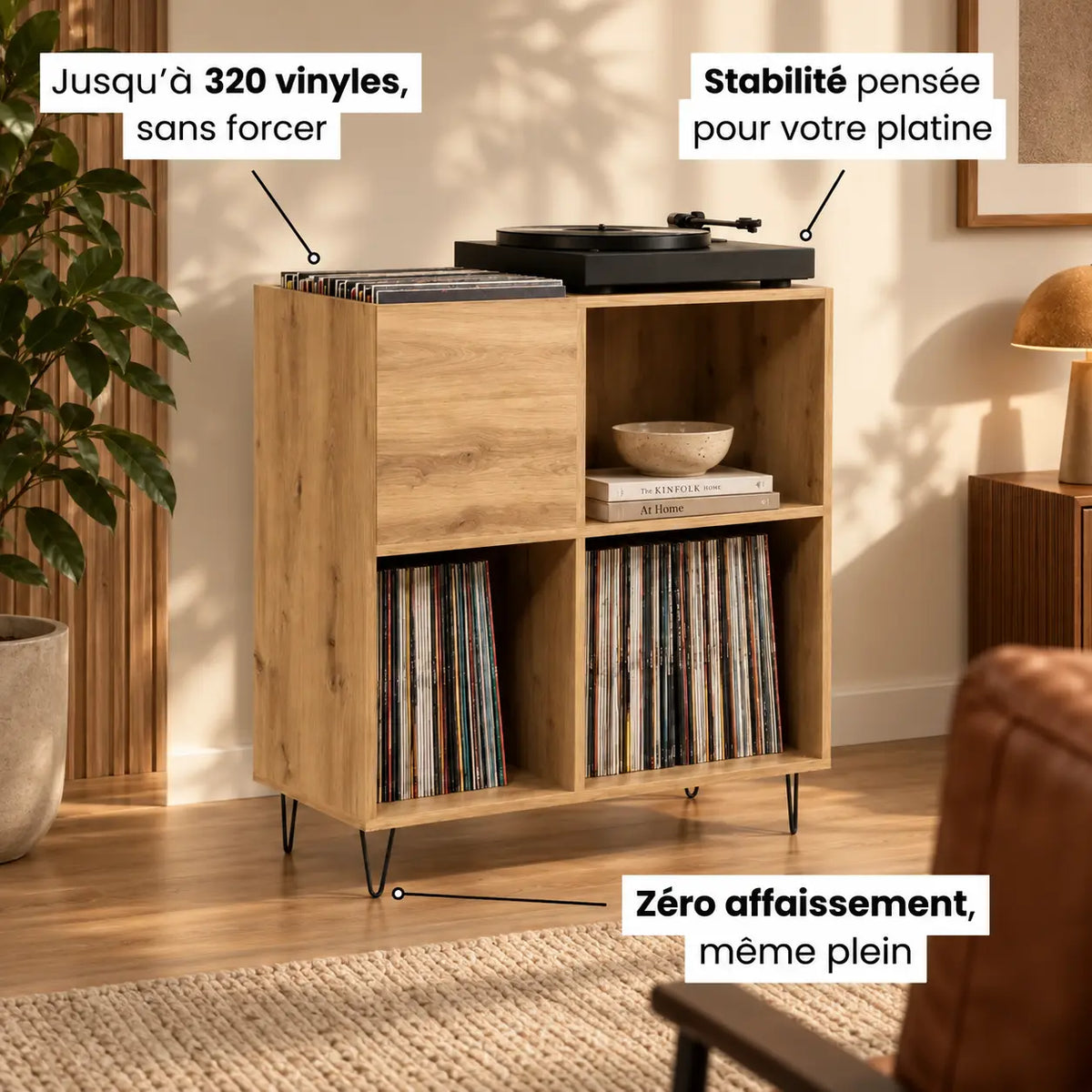 Meuble Vinyle pour Platine Chêne Artisanal Vertical 85 cm | Solin