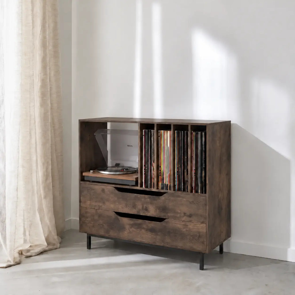 Meuble de rangement pour disques vinyles et platine en bois couleur foncé