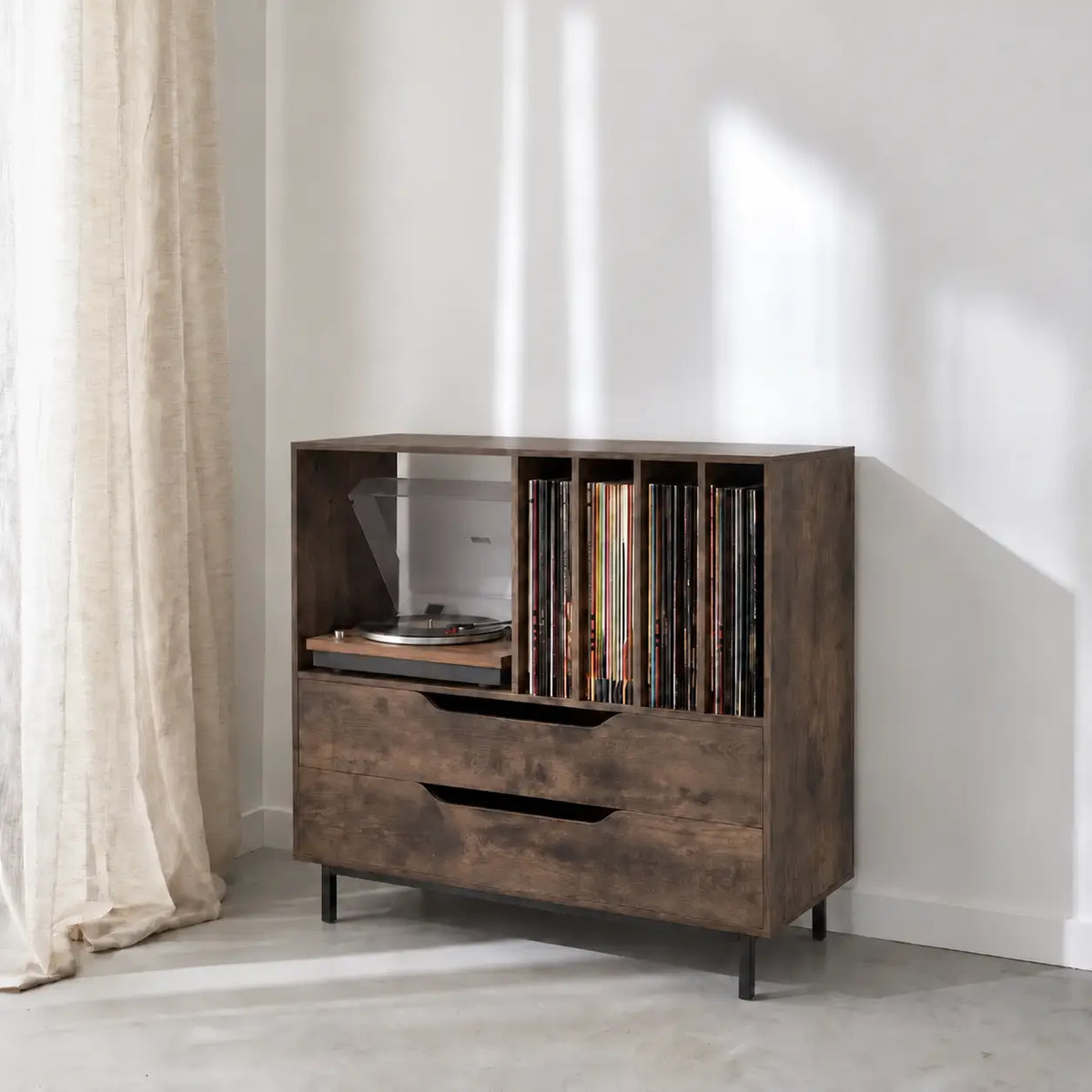 Meuble de rangement pour disques vinyles et platine en bois couleur foncé