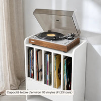 Meuble platine vinyle blanc en bois avec 5 compartiments et un tiroir de rangement
