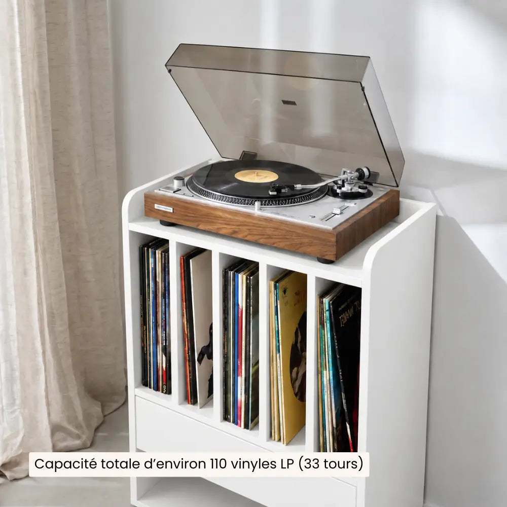 Meuble platine vinyle blanc en bois avec 5 compartiments et un tiroir de rangement
