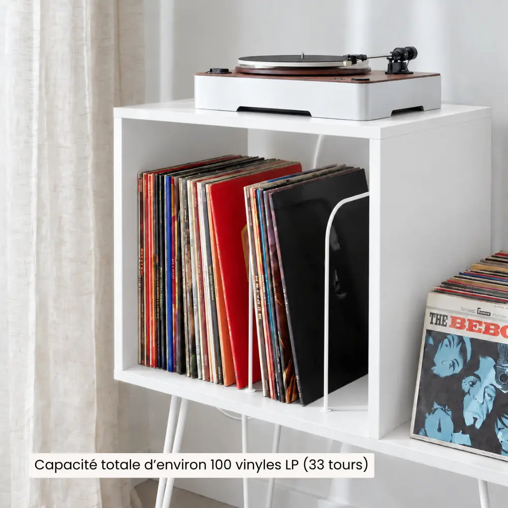 Meuble pour platine et disques vinyles en bois couleur blanc