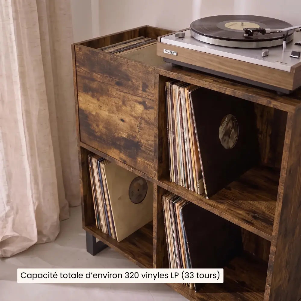 Meuble pour platine et disques vinyles en bois couleur chêne fumé salon