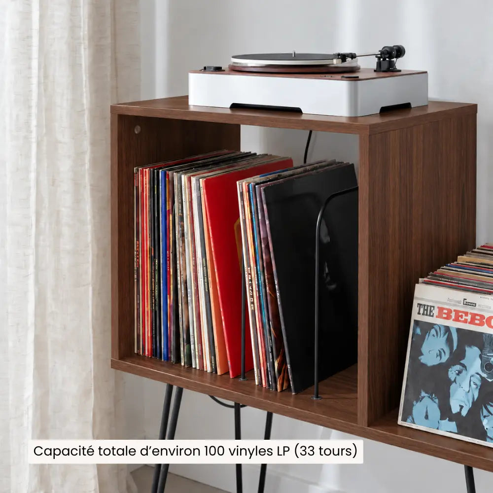 Meuble pour platine et disques vinyles en bois couleur noyer