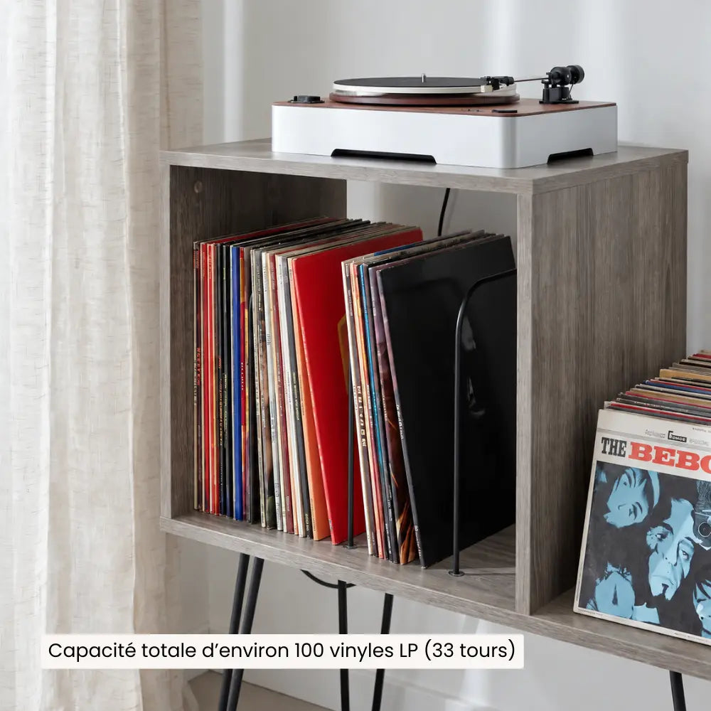 Meuble pour platine et disques vinyles en bois couleur gris