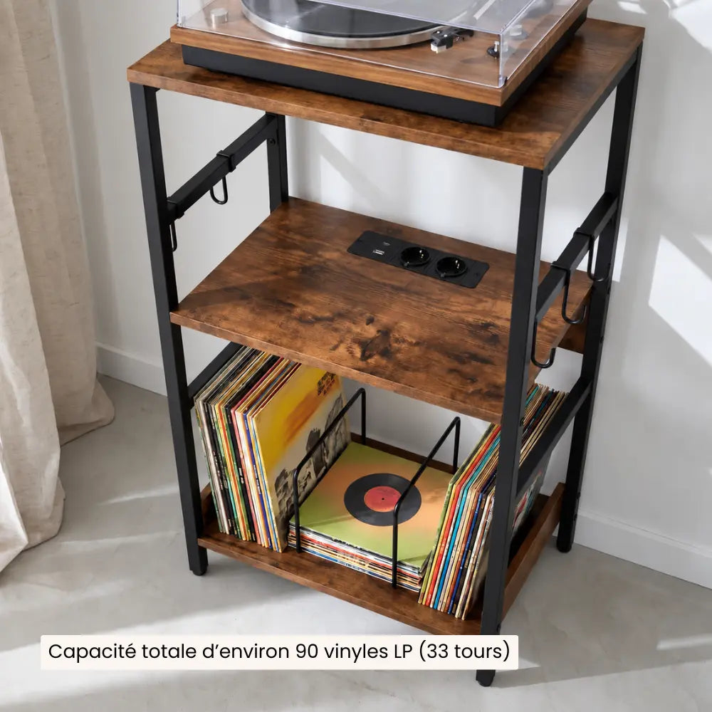 Meuble pour disques vinyles et platine en bois couleur foncé