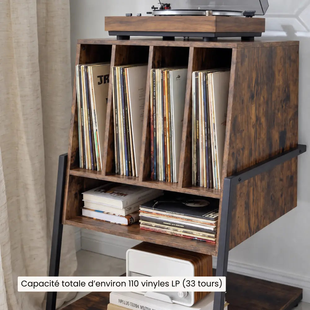 Meuble platine vinyle avec 110 vinyles de capacité en bois couleur marron Image