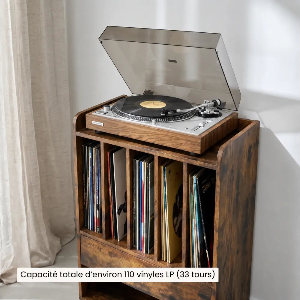 Meuble platine vinyle en bois avec 5 compartiments et tiroir