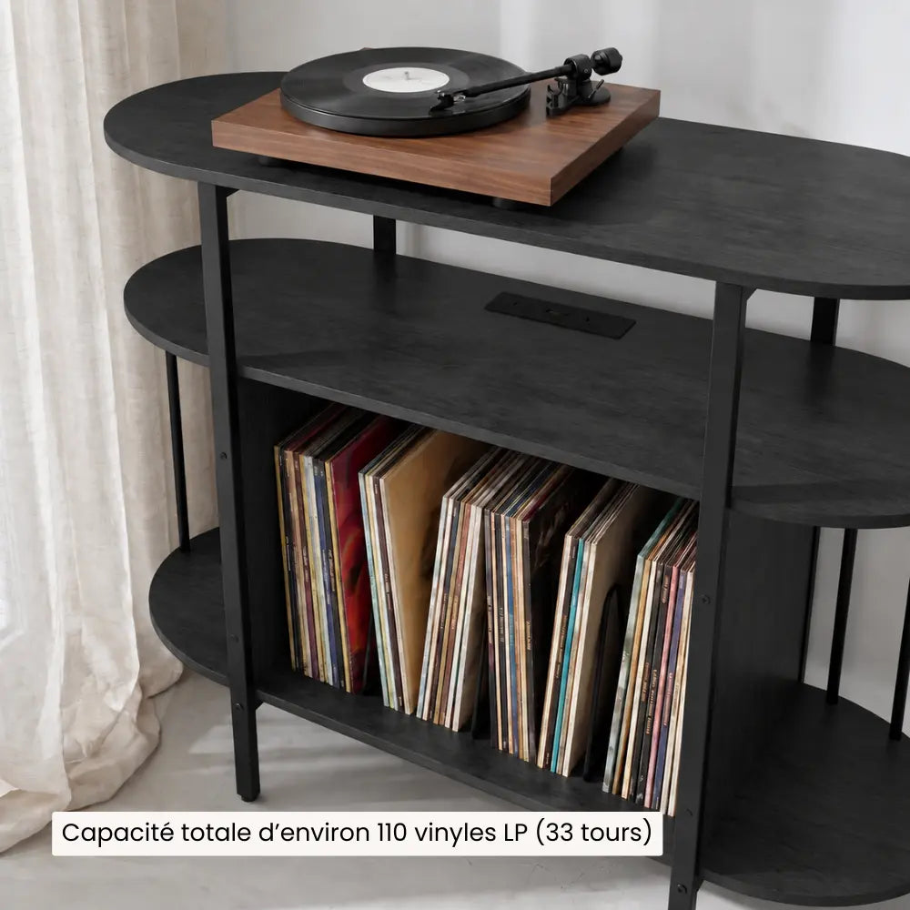 Meuble platine vinyle en bois couleur noir avec compartiment de rangement