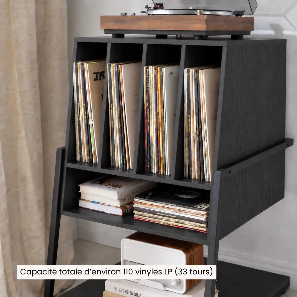 Meuble platine vinyle avec 110 vinyles de capacité en bois couleur noir