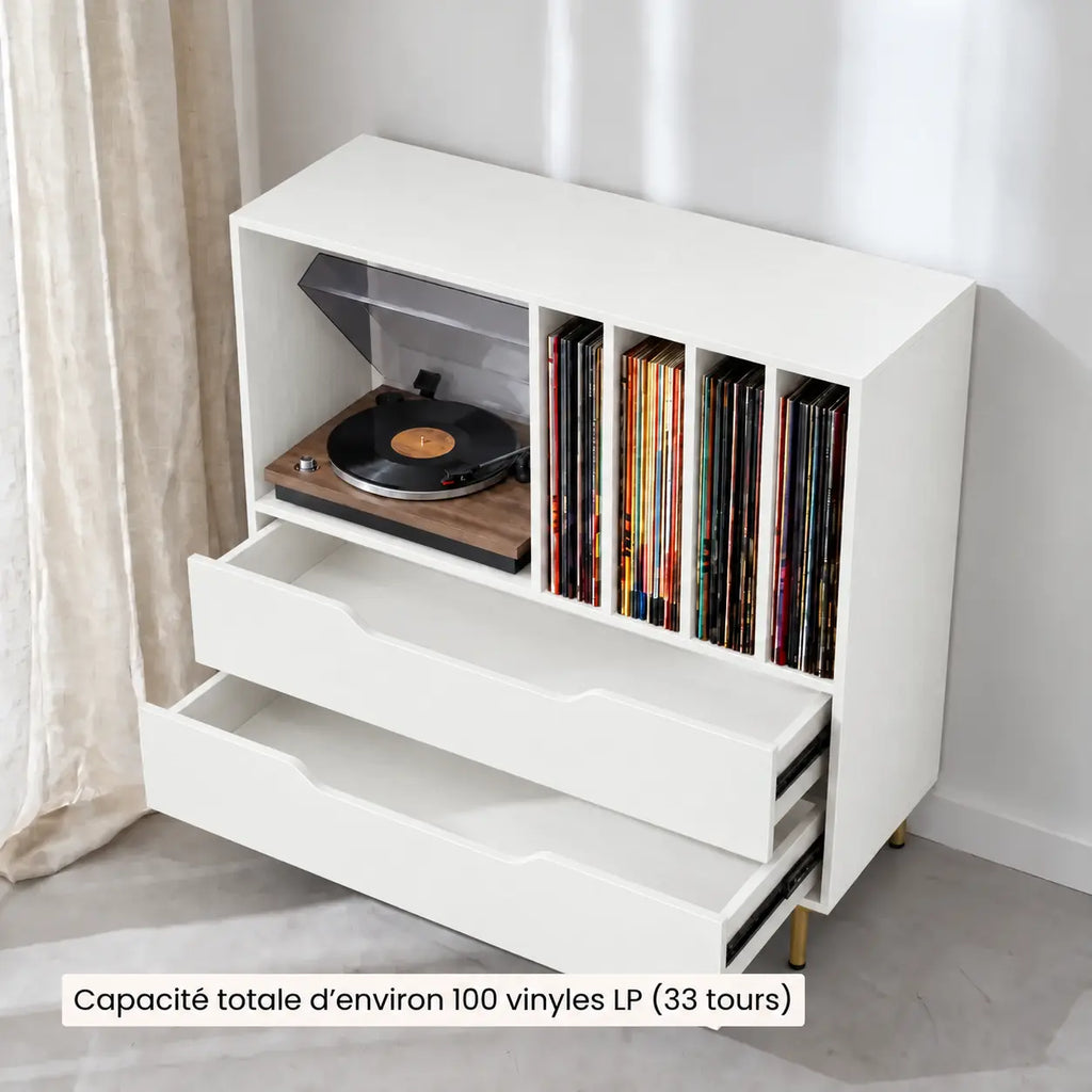 Meuble pour platine vinyle en bois blanc avec tiroirs et compartiments