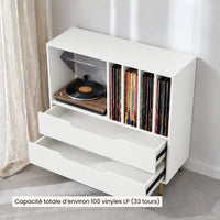 Meuble pour platine vinyle en bois blanc avec tiroirs et compartiments